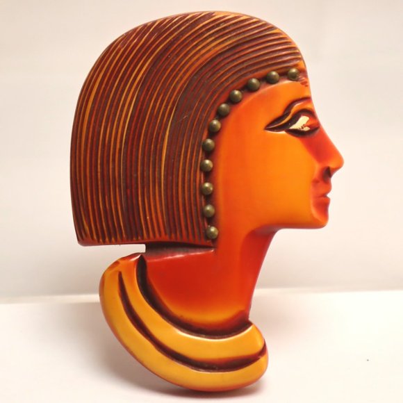 Rare Bakelite Egyptian Head Brooch Resin Wash Vintage Pin